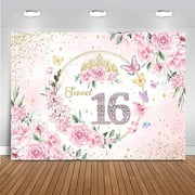 Sweet 16 Backdrop Rose Gold Sweet Sixteen Party Decoration Girls Pink Floral Gold Glitter Butterfly 16 Birthday Banner for Photoshoot